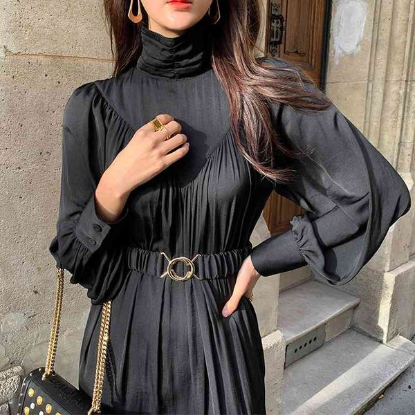 

casual dresses elegant temperament turtleneck pleated slim waist long puff sleeve dress women autumn korean style t0yh, Black;gray