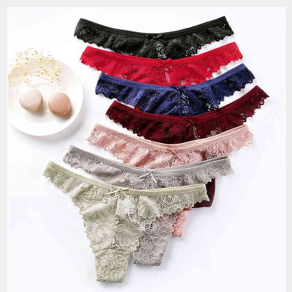 

7 pcs/lot panties women lace thong hollow-out transparent briefs cotton crotch g-string set underwear lingerie dropshipping, Red;black
