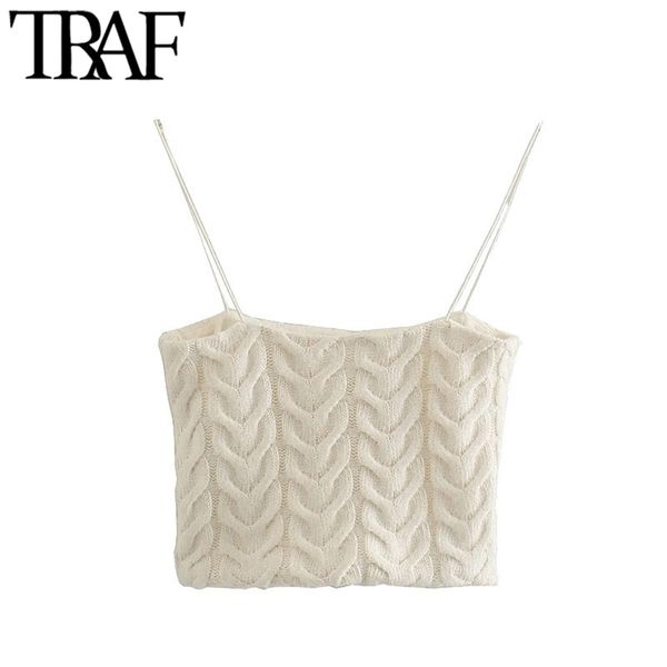 

women fashion cable-knit cropped knit tank vintage with lining thin straps female camis mujer 210507, White