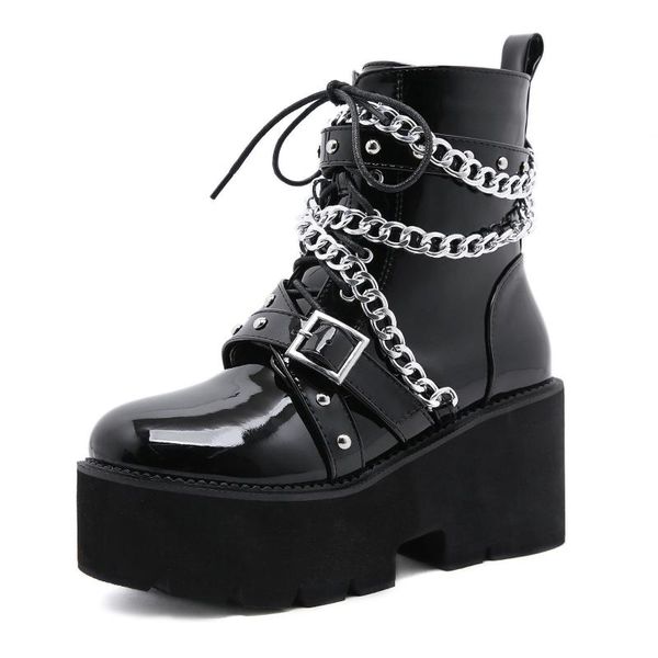 

boots autumn winter women shoes chain gothic ankle square heel thick sole platform rock punk plus size, Black