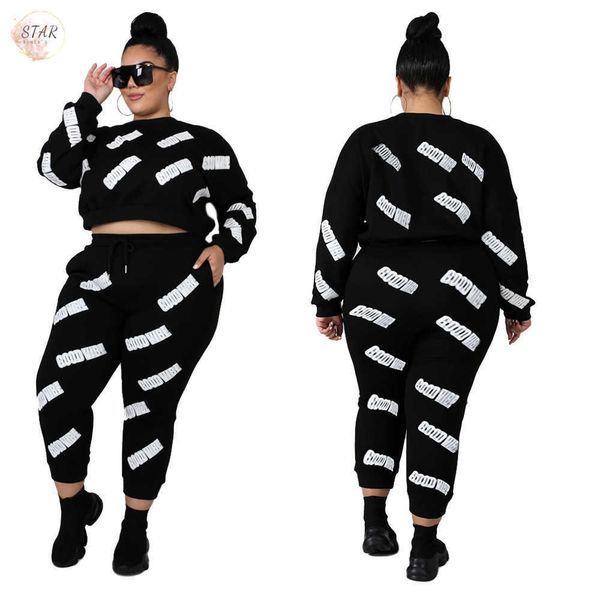 Plus Size 2 Piece Set Mulheres Tracksuits Black Moletom Sweatpants Jogging Sweat Sweat Suites Streetwear Atacado Dropshipping Y0625