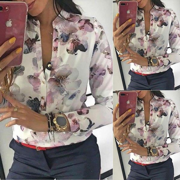 

fashion office floral printed women blouses casual long sleeve round collar plus size xl ladies, White