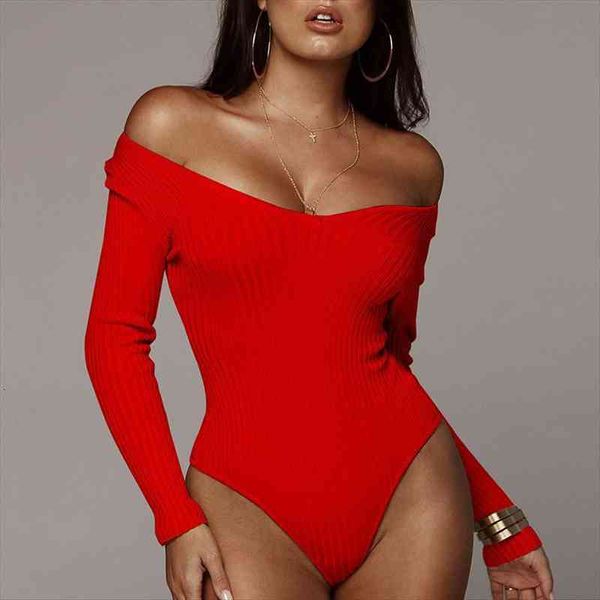 

low cut thin knitted slim bodysuit clothes black white red v neck female long sleeve jumpsuit femme office lady