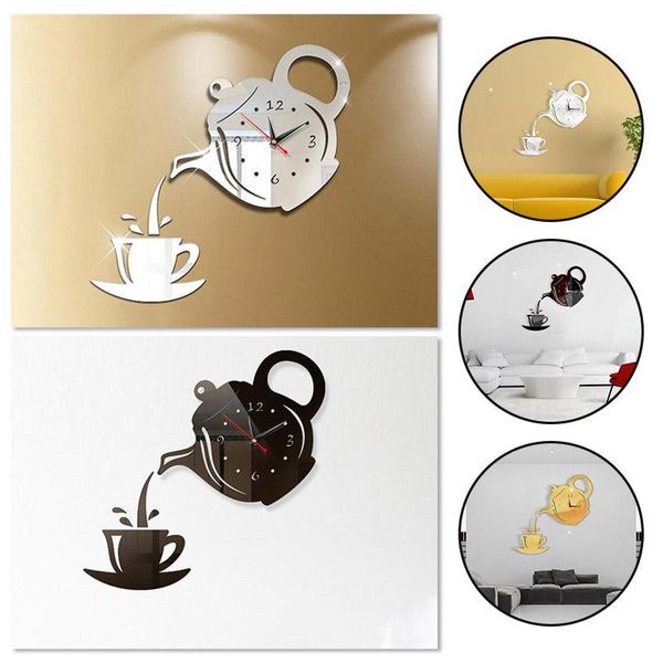 

wall clocks acrylic mirror sticker creative teapot clock self-adhesive waterproof mobile home decoration