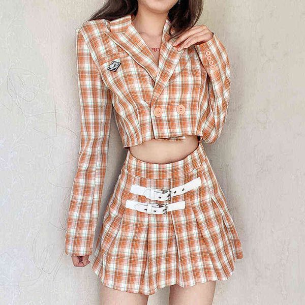 

fall women's lapel long sleeve crop navel jacket fashion plaid skirt set 211119, White