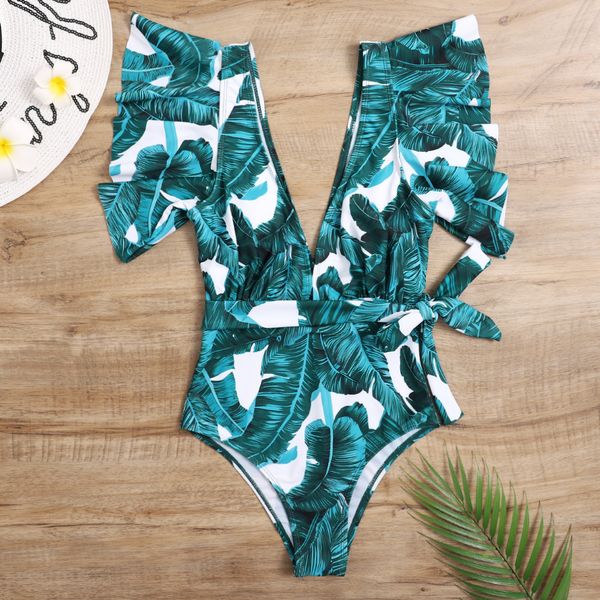 

plunge ruffle waist belt one pieces swimsuit new green leaves print monokini bodysuit bather mujer bathing suit swimming suitsing