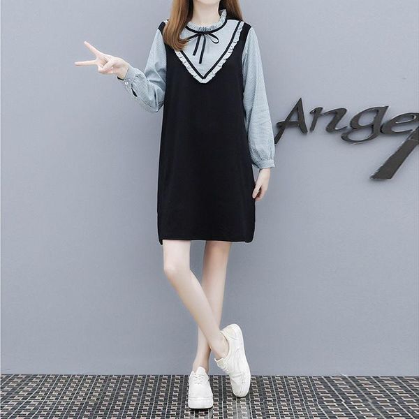

casual dresses women's spring autumn dress striped o-neck patchwork bow long korean loose 3256, Black;gray