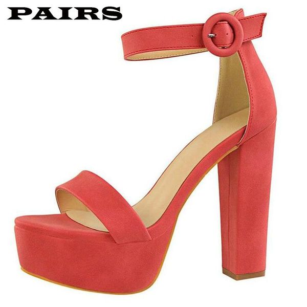 

sandals 2021 buckle strap women's pumps elegant open toe lady high heels stiletto flock platform candy color casual shoes plus size 43, Black