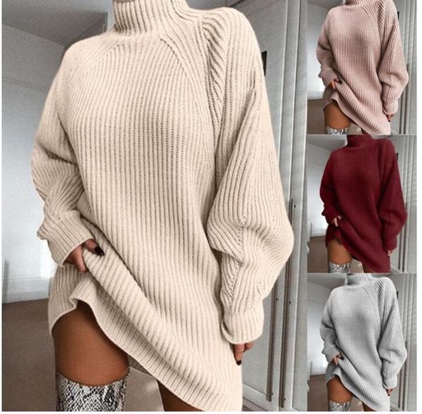 

women's sweaters 2021 turtleneck long sleeve sweater dress women autumn winter loose tunic knitted casual pink gray clothes solid dress, White;black