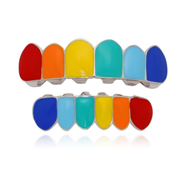 

omyfun enamel set hip hop grillz women men fake teeth cap rainbow silver color dental grills