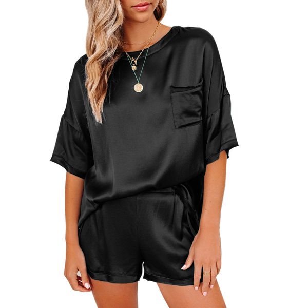 

women's sleepwear pure color silk like pajamas in spring and summer, Black;red