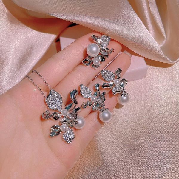 

earrings & necklace cross-border sea zircon bow bone chain female net red pearl simple stud ring jewelry set wholesale, Silver