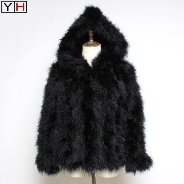 

women's fur & faux women real ostrich jacket coat fashion girl 100% natural lady genuine turkey coats, Black