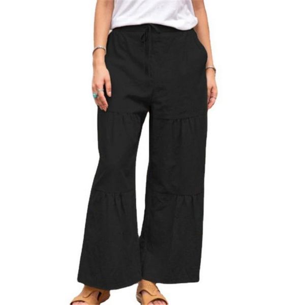 

women's pants & capris solid drawstring loose casual fashion stitching long trousers summer wide-leg elastic waist basic slacks d30, Black;white