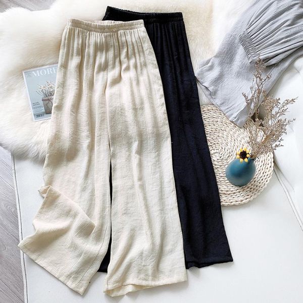 

women's pants & capris woman light thin pleated long summer cotton linen straight casual retro yarn loose trousers wide leg, Black;white