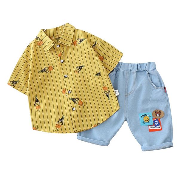

infant baby summer clothing 2pcs set toddler boy girl striped cartoon t-shirt+denim shorts outfits short sleeve clothes sets, White