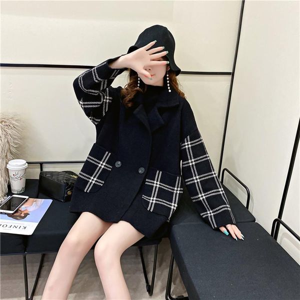 

women's wool & blends casual black loose pocket plaid coat 2021 fashion autumn long sleeve thickened