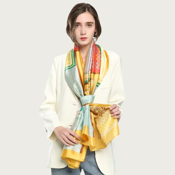 

scarves women large silk shawl scarf luxury retro print foulard unique design stole [5021], Blue;gray