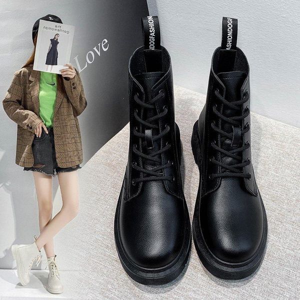 

boots women white ankle motorcycle female autumn winter shoes punk layer cowhide round toe lace-up short, Black
