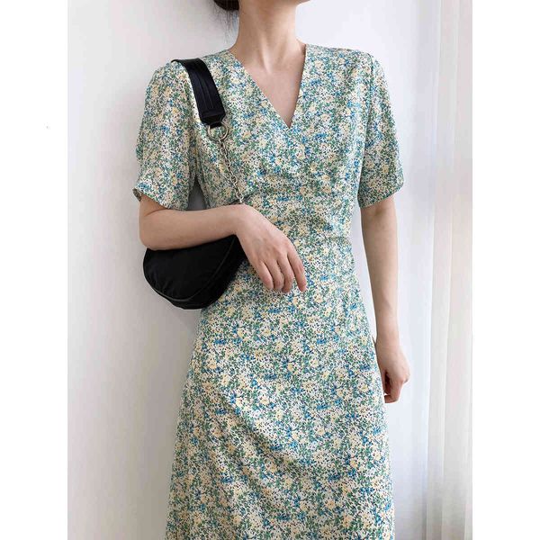 

casual dresses 2021 women flower long v-collar short sleeve print summer with belt elegant s clothes vestidos dbc0, Black;gray