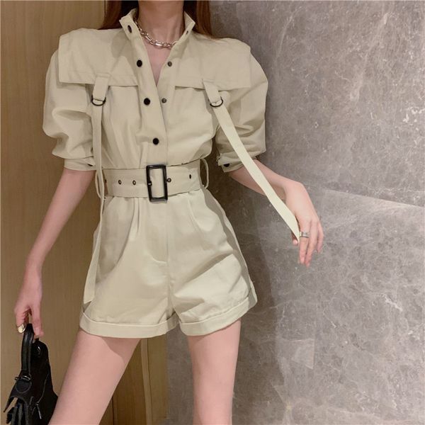 Sommer Mode Strampler Frauen Casual Einreiher Playsuits Damen Elegante Gürtel Kurzen Overall Overalls 210518