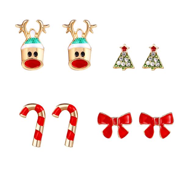 

christmas four pairs cartoon christmas elk crutches tree bows diamond studded earrings set