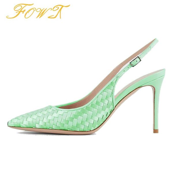 

dress shoes weave slingbacks women pumps high thin heels pointed toe buckle strap female sandals synthetic casual ladies size 42, Black