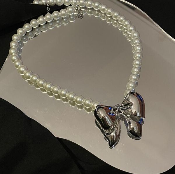 

pendant necklaces french geometric big bow pearl necklace wmen unique cold ins personality exaggerated clavicle chain tide, Silver