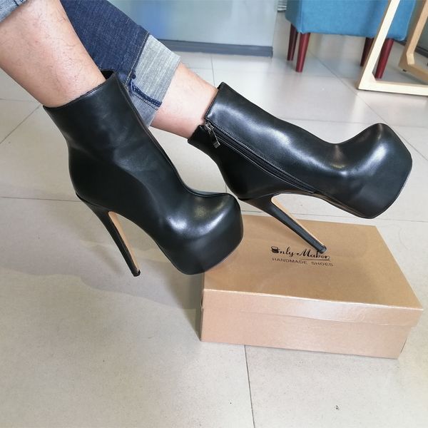 

womens rounded toe 16cm high heel black color side zipper slim fashion matte ankle booties plus size us5us15