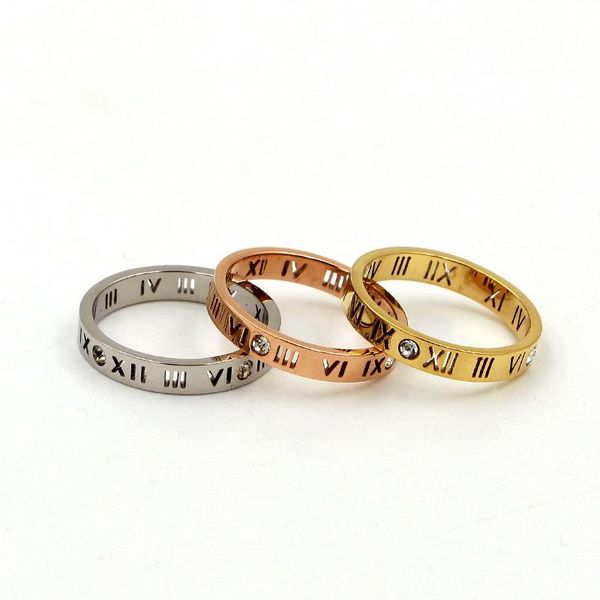 

trend hollow roman numerals rings for women stainless steel lucky zircon ring with charms jewelry christmas gifts cluster, Golden;silver