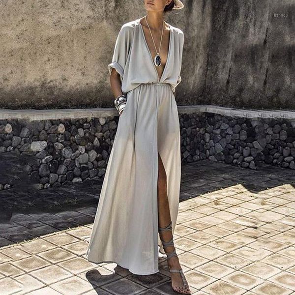 

solid color elegant dress female casual loose beach ankle-length v-neck long split dresses women women's swimwear, White;black