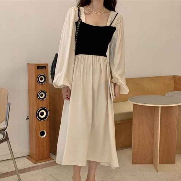 

casual dresses alien kitty square collar high waist maxi dress fake two-piece patchwork slim a-line loose chic autumn office lady vestidos, Black;gray
