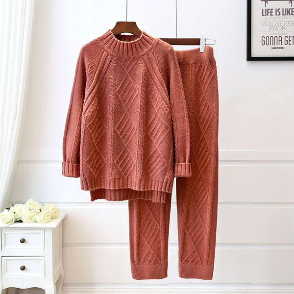 

knits two piece set autumn sweater slim pants knitted two-piece suit winter outfits women tracksuit, White