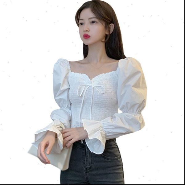 

women french womens blouses style elegant square collar slim short ladies spring and autumn long sleeved shirt black white