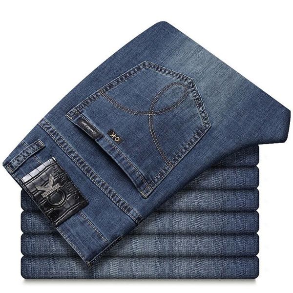 

men's jeans brands autumn winter slim elastic fashion business trousers classic style cotton denim pants, Blue