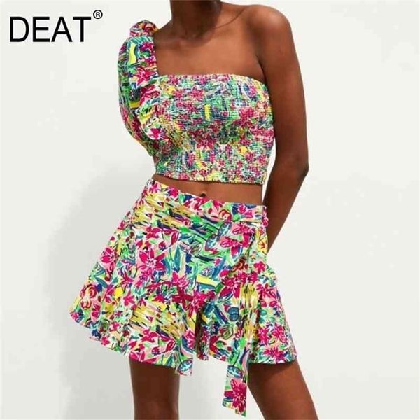 

summer one shoulder short puff sleeve floral print dew navel blouse mini skirt women two piece set mf569 210525, White