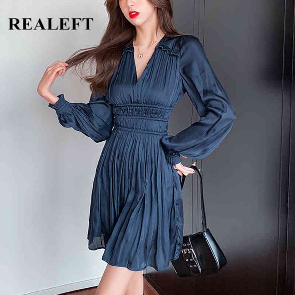 

spring women's dress elegant elastic high waist bubble sleeve v-neck mini length ladies party 210428, Black;gray