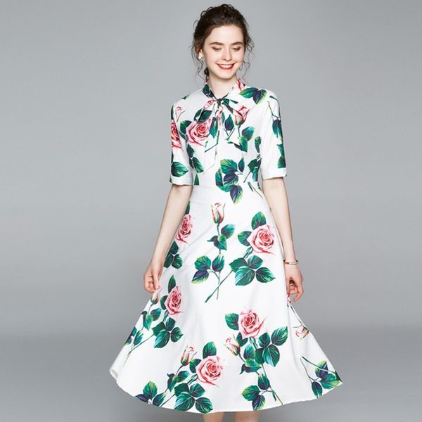 

elegant women's bow collar ball gown dress fashion runway summer short sleeve chiffon rose floral print long dresses 210514, Black;gray