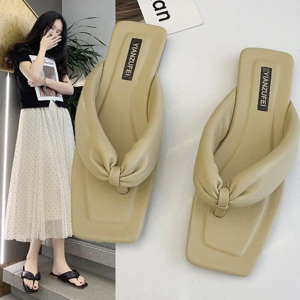 

flat shoes female woman's slippers slides fashion square toe low rubber flip flops 2021 luxury summer hawaiian rome hoof heels f, Black