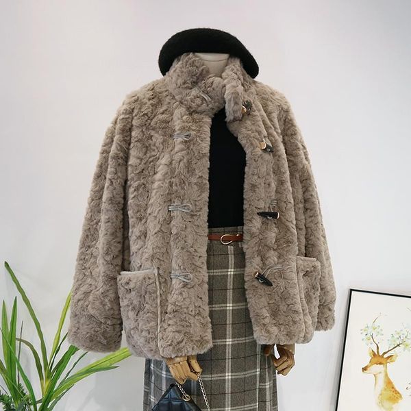 

women's fur & faux 2021 women coat autumn winter casual thick warm stand collar plush jacket female loose long sleeve coats l915, Black
