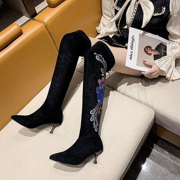 

boots autumn women's high fashion heels knee female beading embroider woman, Black