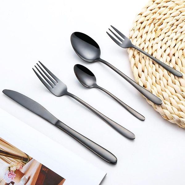 

dinnerware sets knife fork scoop stainless steel black cutlery kit flatware set wholesale western home tableware dessert coffee spoon