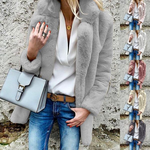 

women's wool & blends fashion womens loose solid color long-sleeved lapel fleece plush coat winter shirt jacket for women 2021, Black