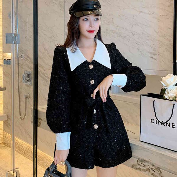 

blouses autumn women's only-breasted long tweed playsuits shorts pacthwork black streetwear 3n7d, White
