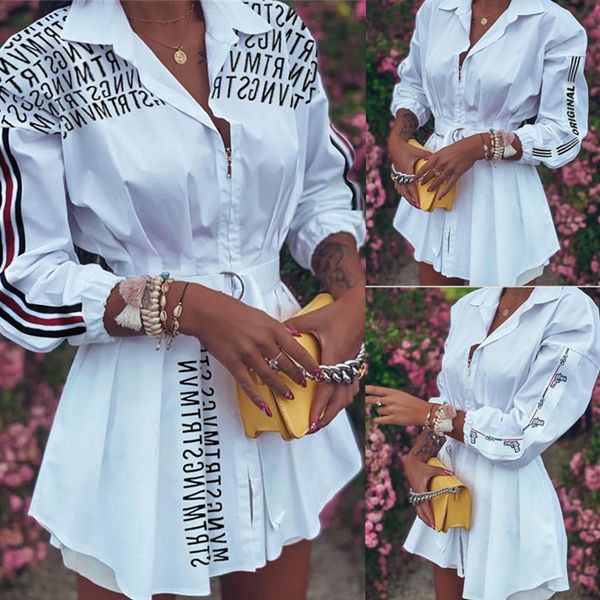 

women letter print ruched long sleeve shirt dress, White;black