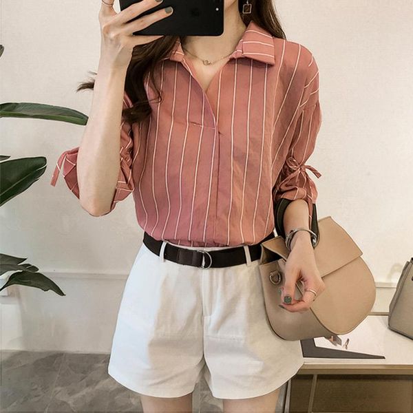 

long sleeve oversized blouse for women lapel formal office lady shirt vertical stripe autumn ladies streetwear women's blouses & shirts, White