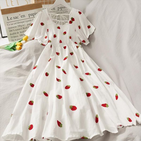 

vintage kawaii strawberry ruffle womens dresses puff sleeve off shoulder embroidery summer party korean elegant, Black;gray