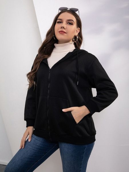 

plus slant pockets zip up drop shoulder drawstring thermal hoodie q7bh#, Black