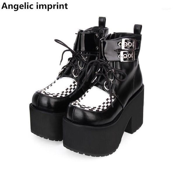 

boots angelic imprint mori girl women motorcycle ankle punk lady lolita short woman super high heels pumps wedges shoes 4711, Black