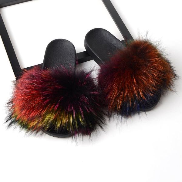 

full fur slippers summer women raccoon sandals female real slides ladies flats shoes fluffy flip flops outside wholesale, Black